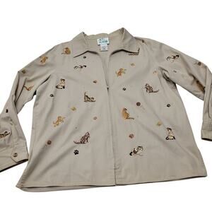 Vintage Quacker Factory AOP embroidered cat jacket zip up Grandma core